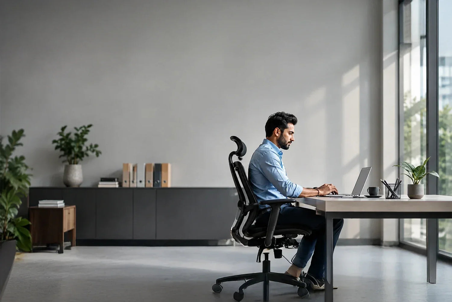 Professional working at a modern desk in an ergonomic office chair while using a laptop. 