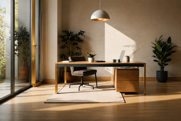 Minimalist home office with a wooden desk, chair, laptop, plants, and warm natural sunlight.