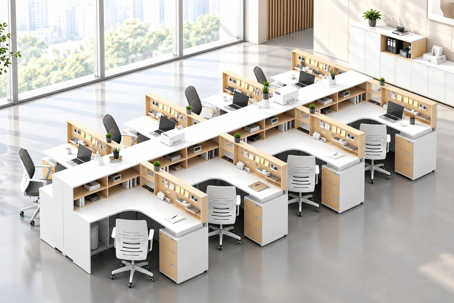 Modern open-plan office with white desks, wooden partitions and ergonomic chairs. 