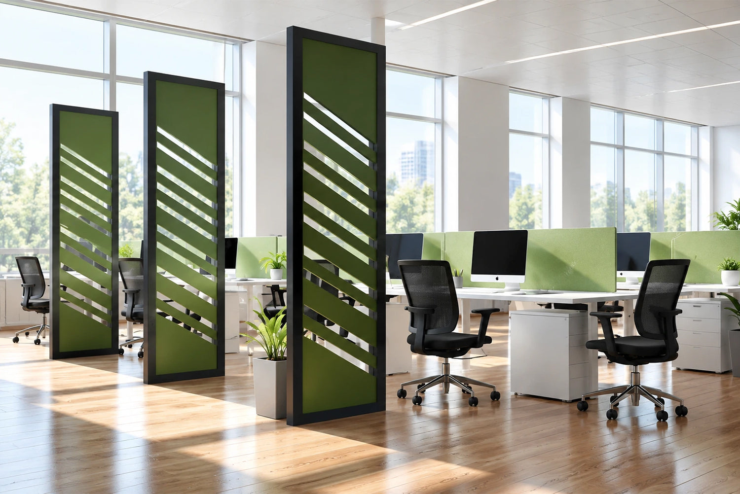 Office privacy screens in a modern workspace.