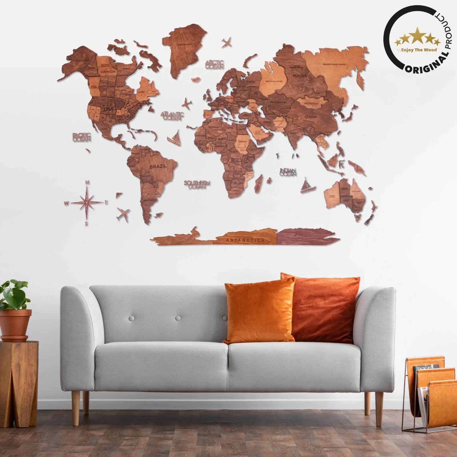3D Wooden World Map - American Oak Stain 4 sizes | BAFCO