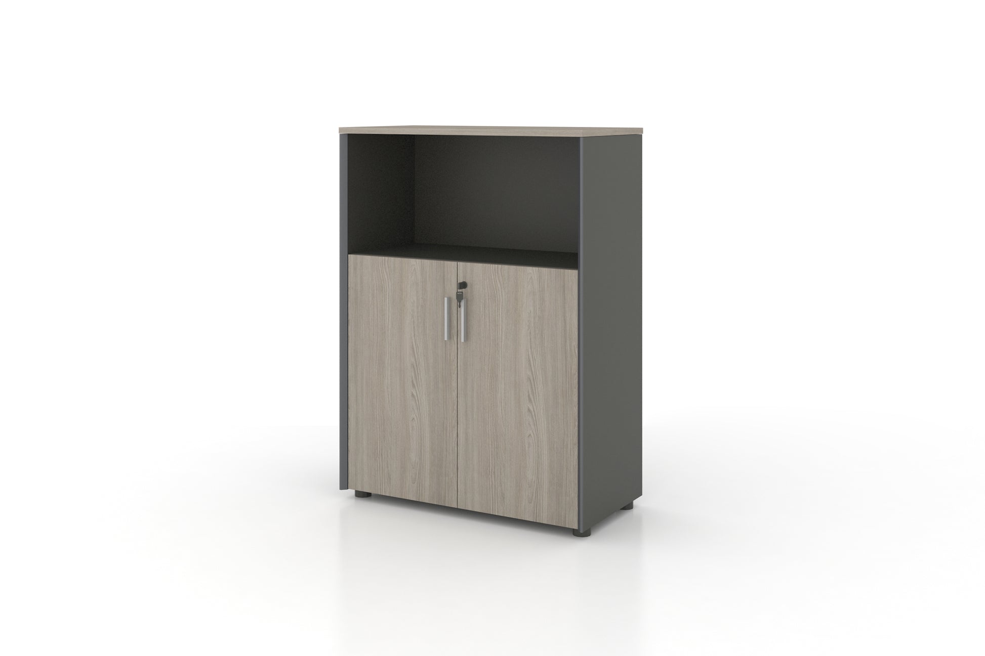 Universal 3-Level Cabinet with Open Shelf (Meteor Grey Body) Consumer KANO CF41 Nash Oak 8-10 Weeks 