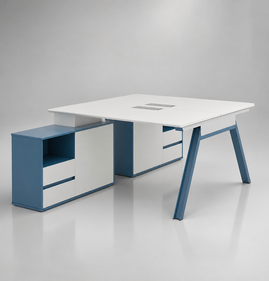 White office desk with blue legs and sides on a gray background