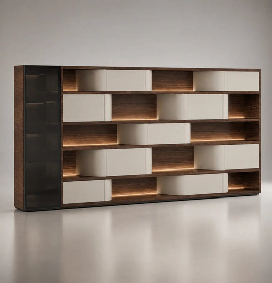Modern bookshelf with wooden and white design on a neutral background