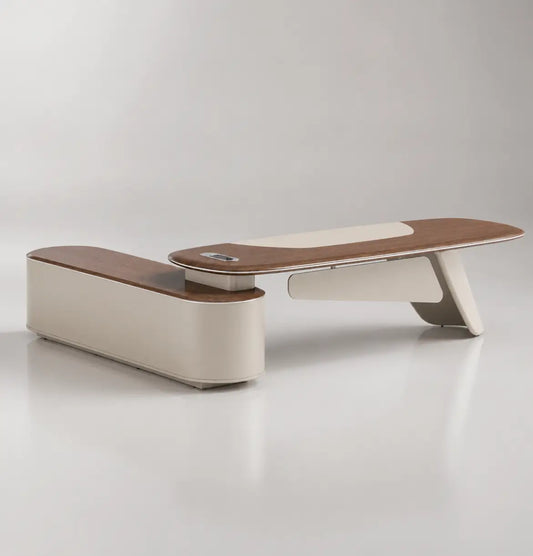 Modern L-shaped desk with wooden top on a light gray background