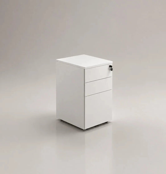 White metal filing cabinet on a gray background