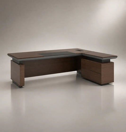 Wooden L-shaped desk with black accents on a neutral background