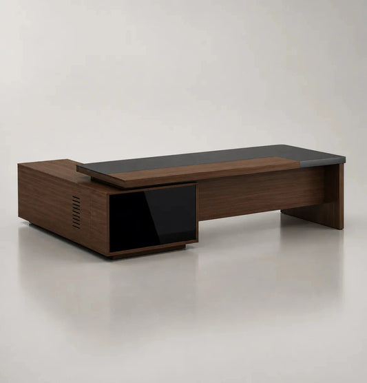 Modern wooden desk with black glass top on a gray background