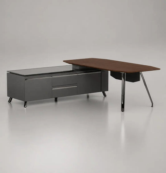 Modern office desk with a wooden top and gray base on a white background