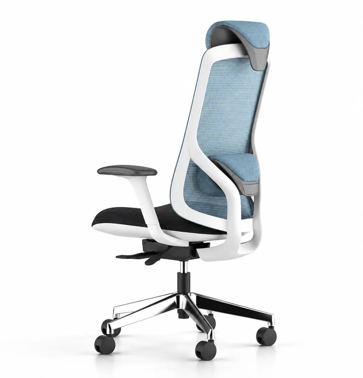 Geeco Ergonomic Chair with Headrest in White Frame and Blue 3D Mesh upholstery