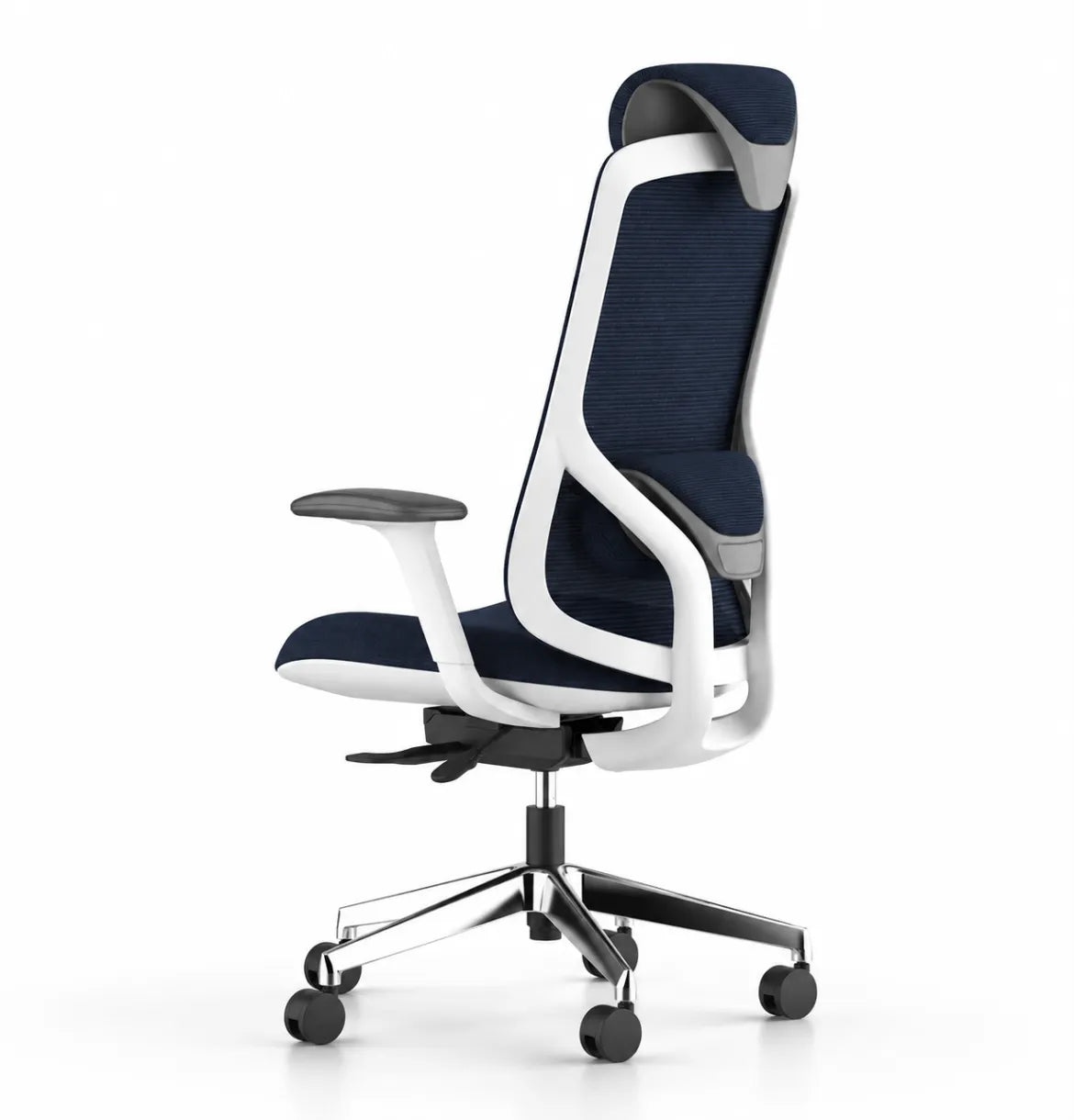 Geeco Ergonomic Chair with Headrest in White Frame and Dark Blue 3D Mesh upholstery