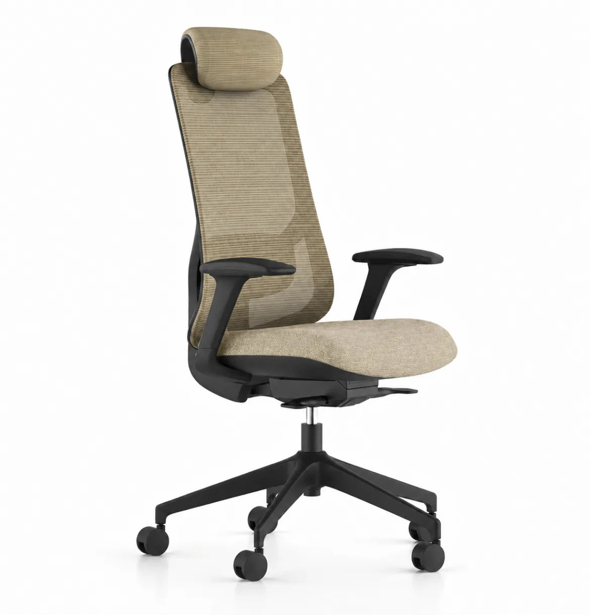 Geeco Ergonomic Chair with Headrest in Black Frame and Khaki Beige Upholstery
