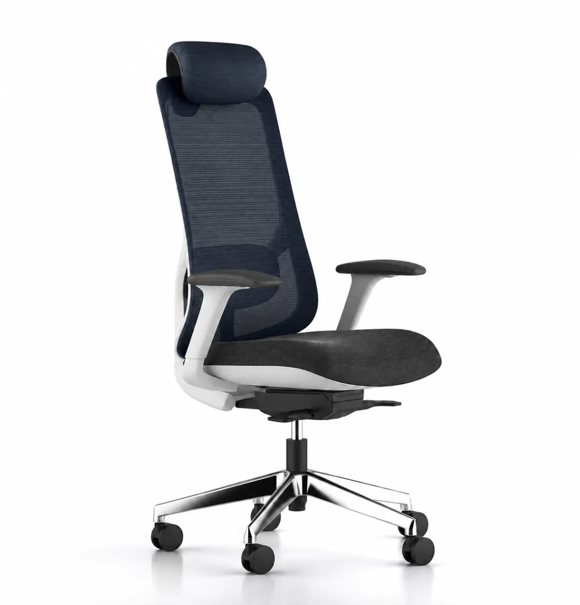 Geeco Ergonomic Chair with Headrest in White Frame and Dark Blue 3D Mesh upholstery