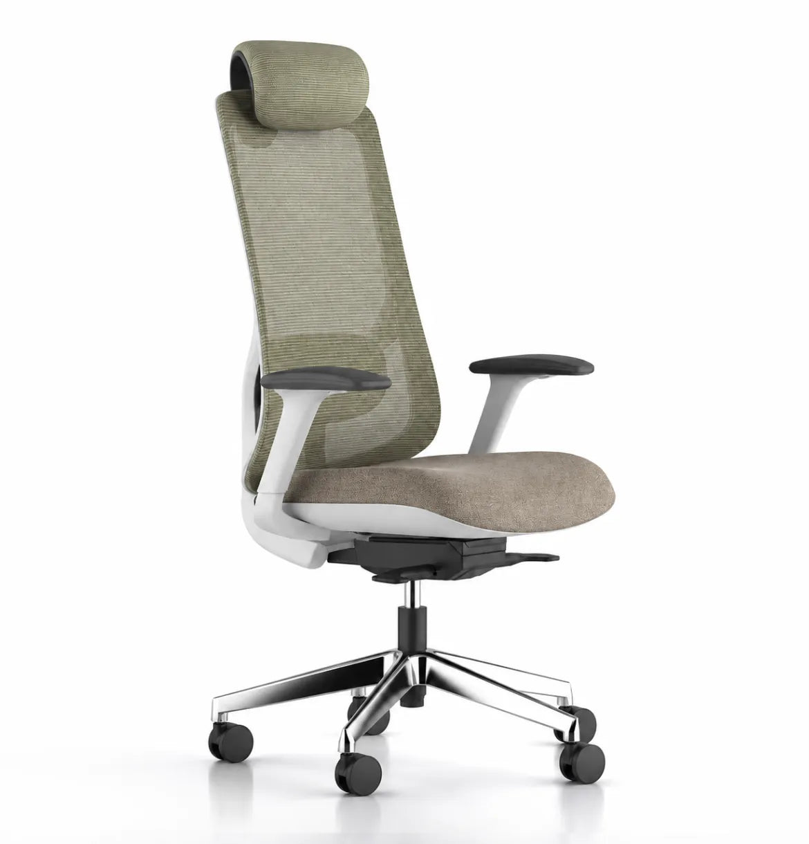 Geeco Ergonomic Chair with Headrest in White Frame and Khaki Beige 3D Mesh upholstery