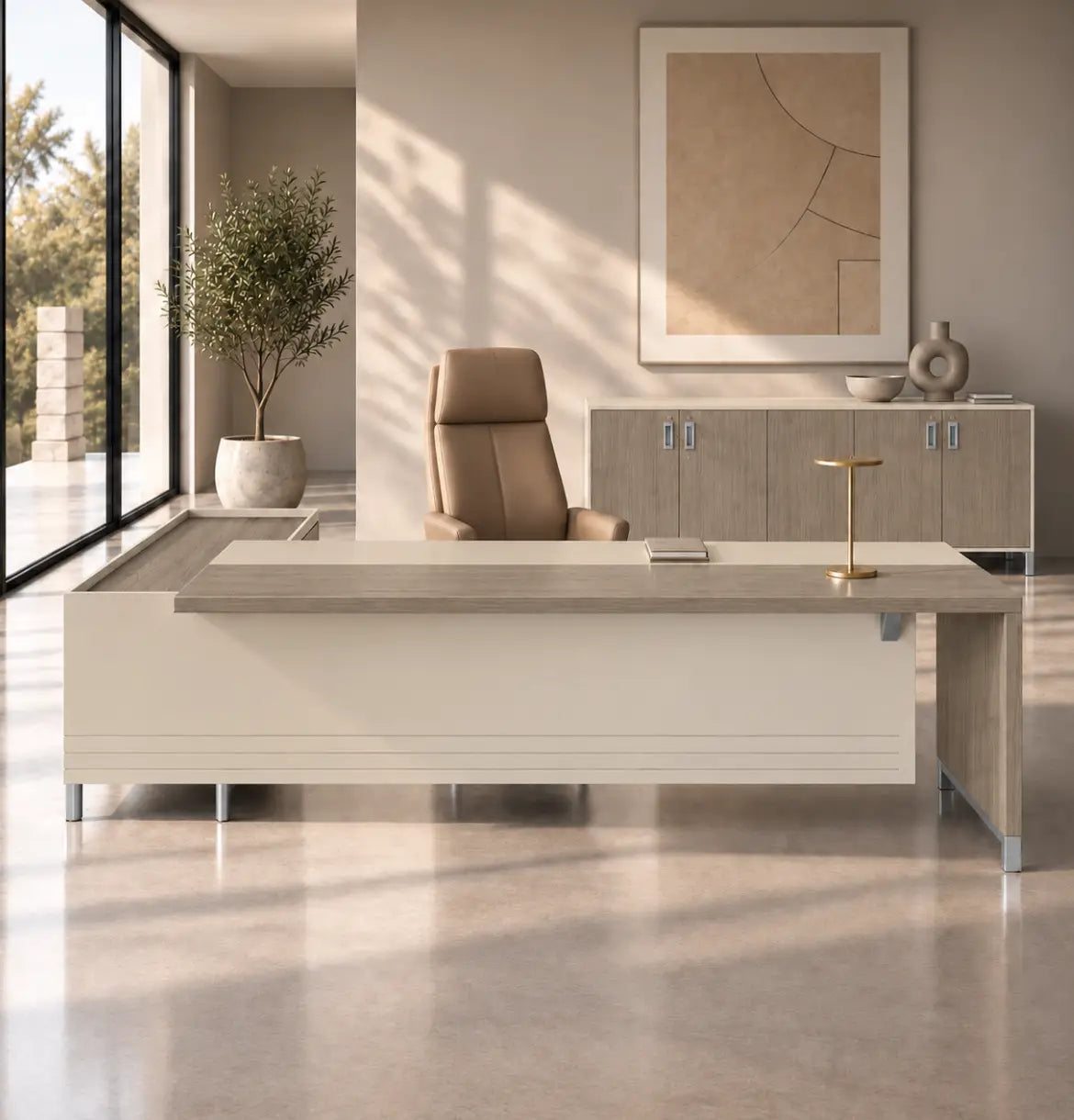 Linea Due with Credenza Return (Premium) Consumer BAFCO Khaki 1800 30 Days
