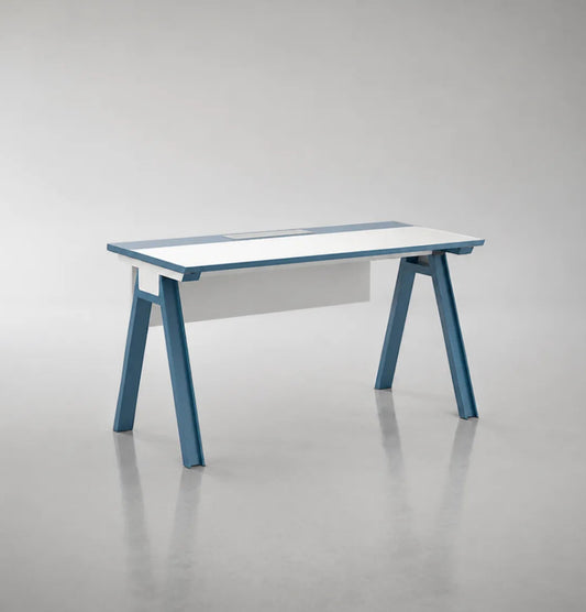 Table with blue legs and white top on a gray background