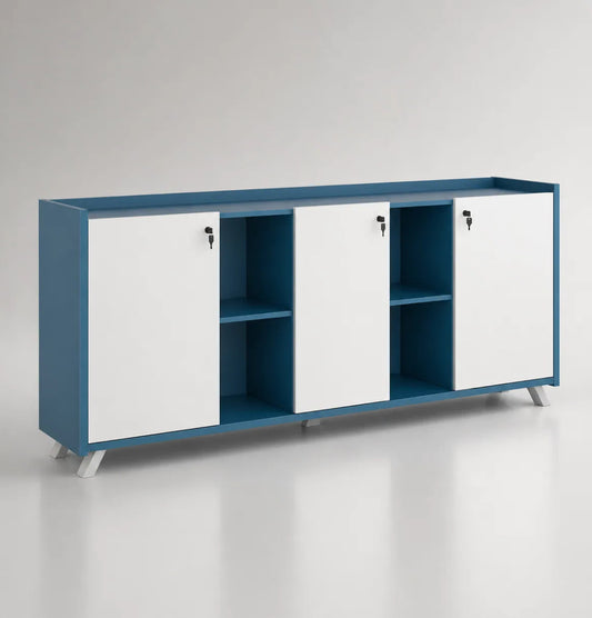 Blue and white storage unit on a gray background