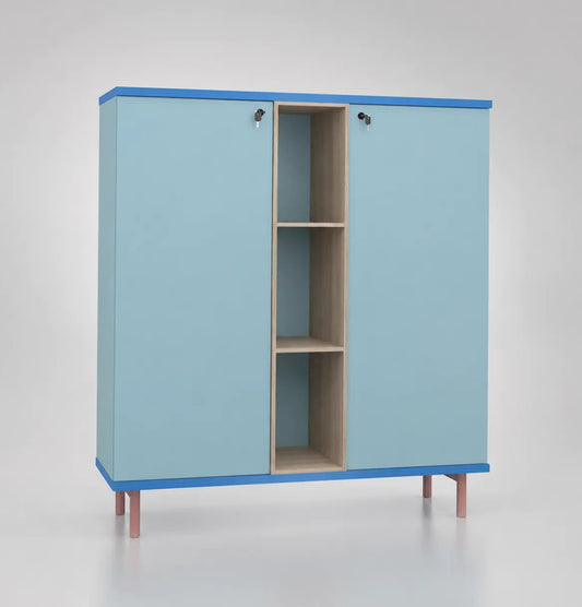Light blue cabinet with wooden interior on a white background