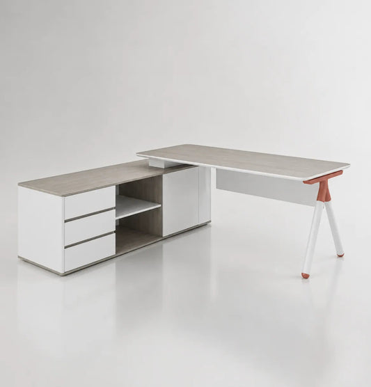 Modern office desk with a light wood finish and white base on a white background