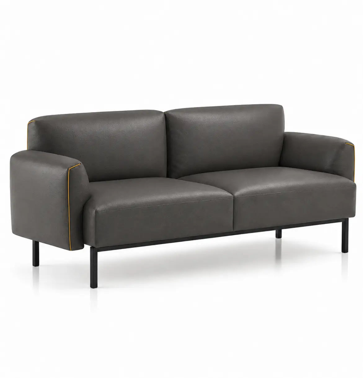 Skin 3-Seater Sofa in Meteor Grey Leather with Mustard Yellow Piping