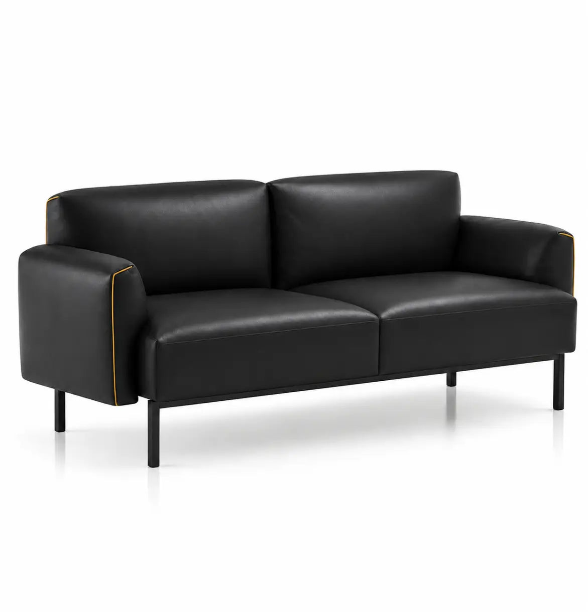 Skin 3-Seater Sofa in Black Leather with Mustard Yellow Piping