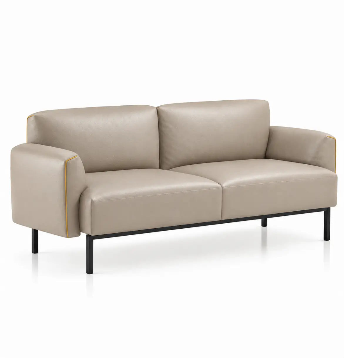 Skin 3-Seater Sofa in Khaki Beige Leather with Mustard Yellow Piping