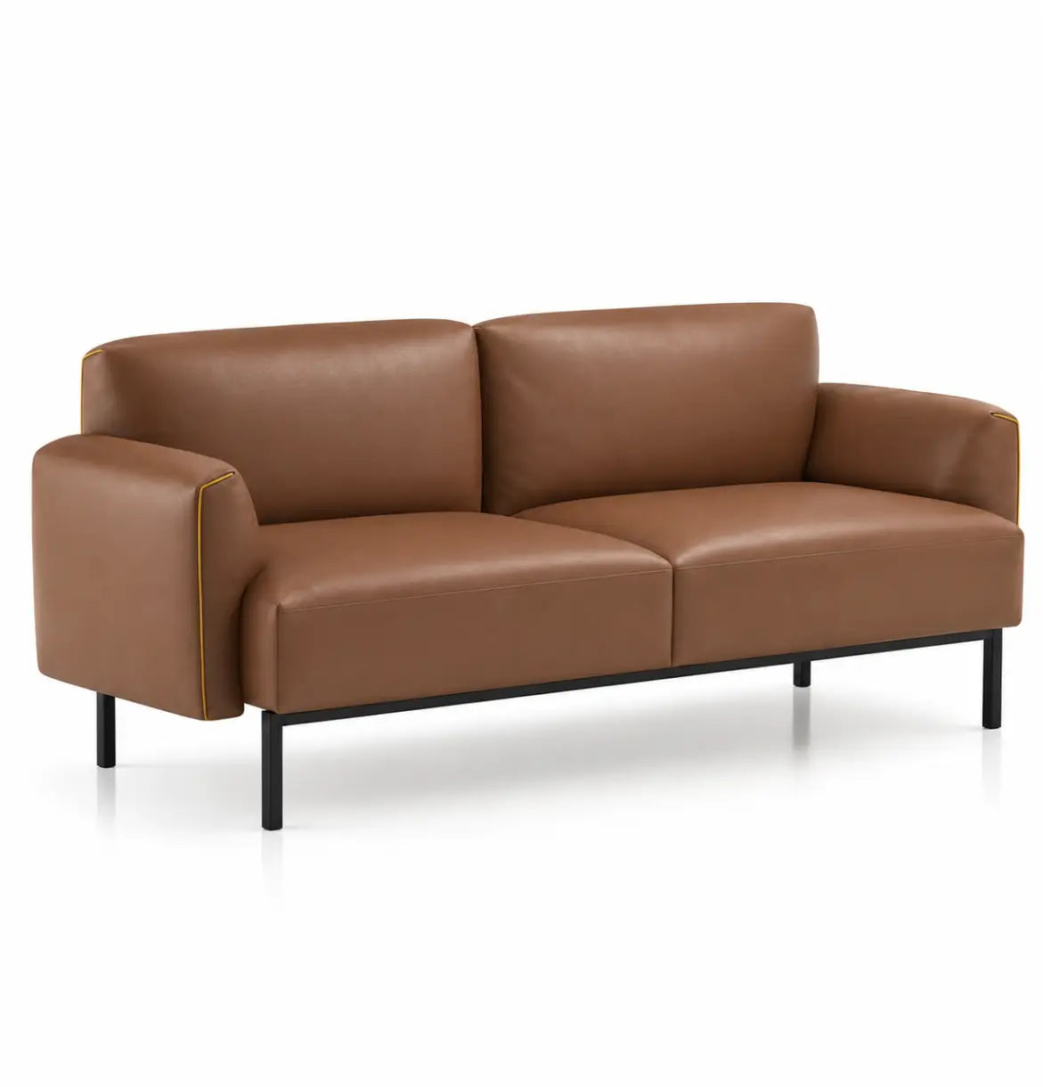 Skin 3-Seater Sofa in Roman Tan Leather with Mustard Yellow Piping