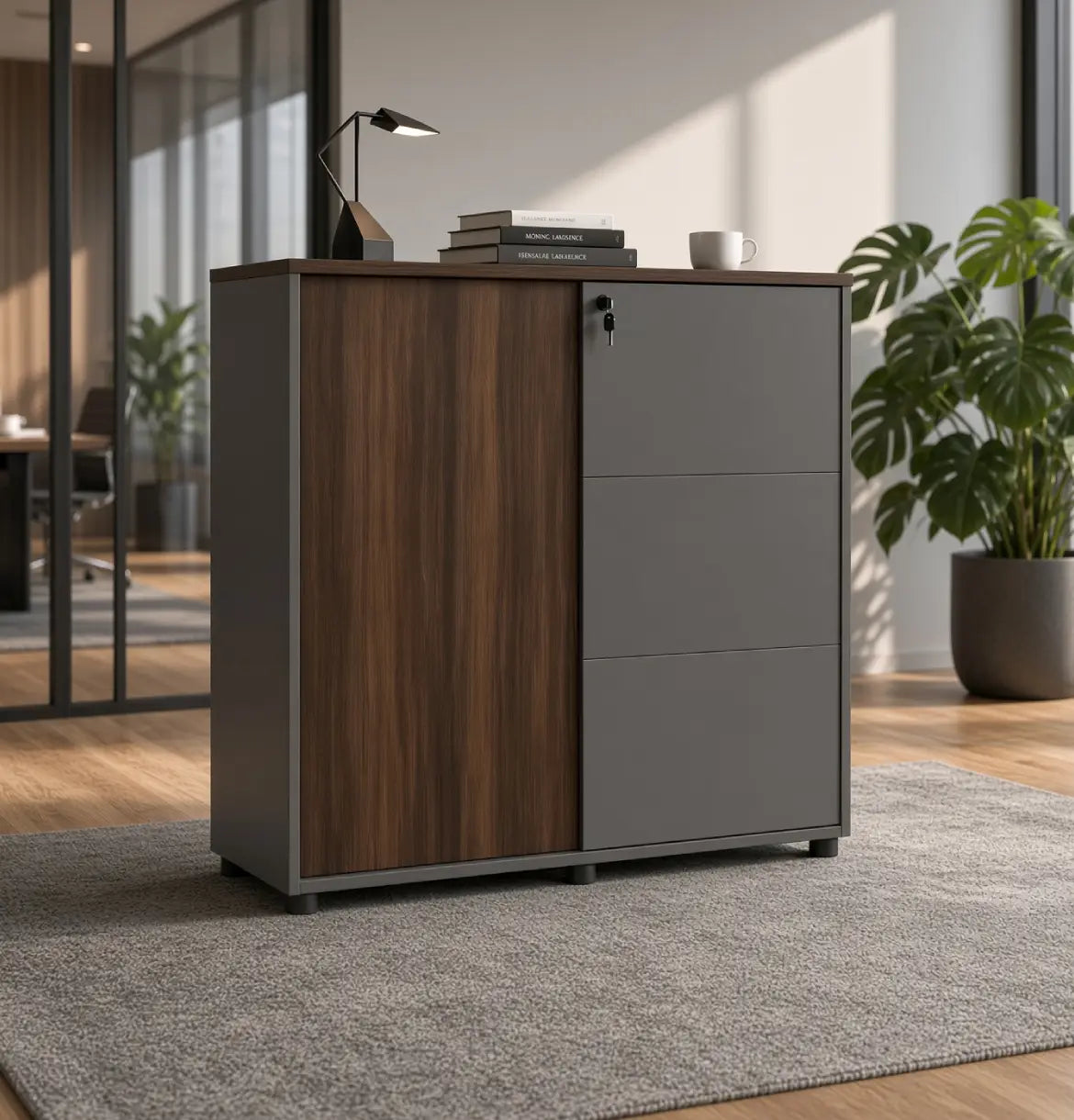 Universal Dark 3-Level Sliding Door Cabinet Consumer KANO