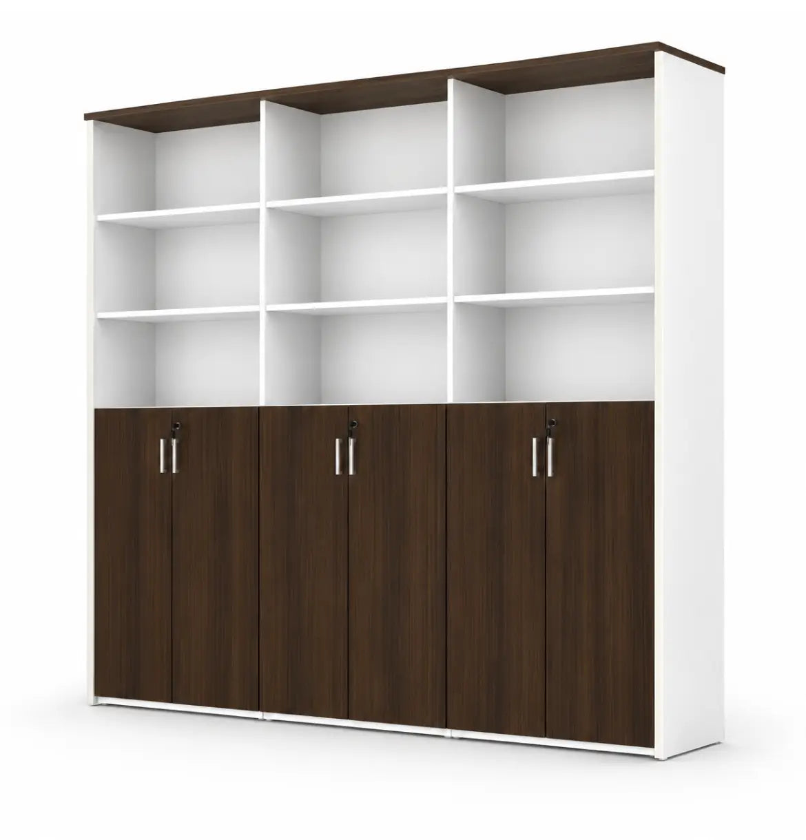 Universal Light 6-Level Triple Cabinet Consumer KANO Hairline Walnut Upper Shelves are Open 8-10 Weeks