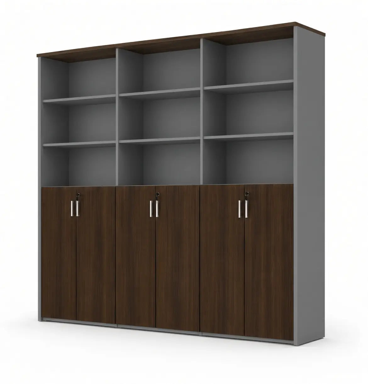 Universal Dark 6-Level Triple Cabinet Consumer KANO Hairline Walnut Upper Shelves are Open 8-10 Weeks