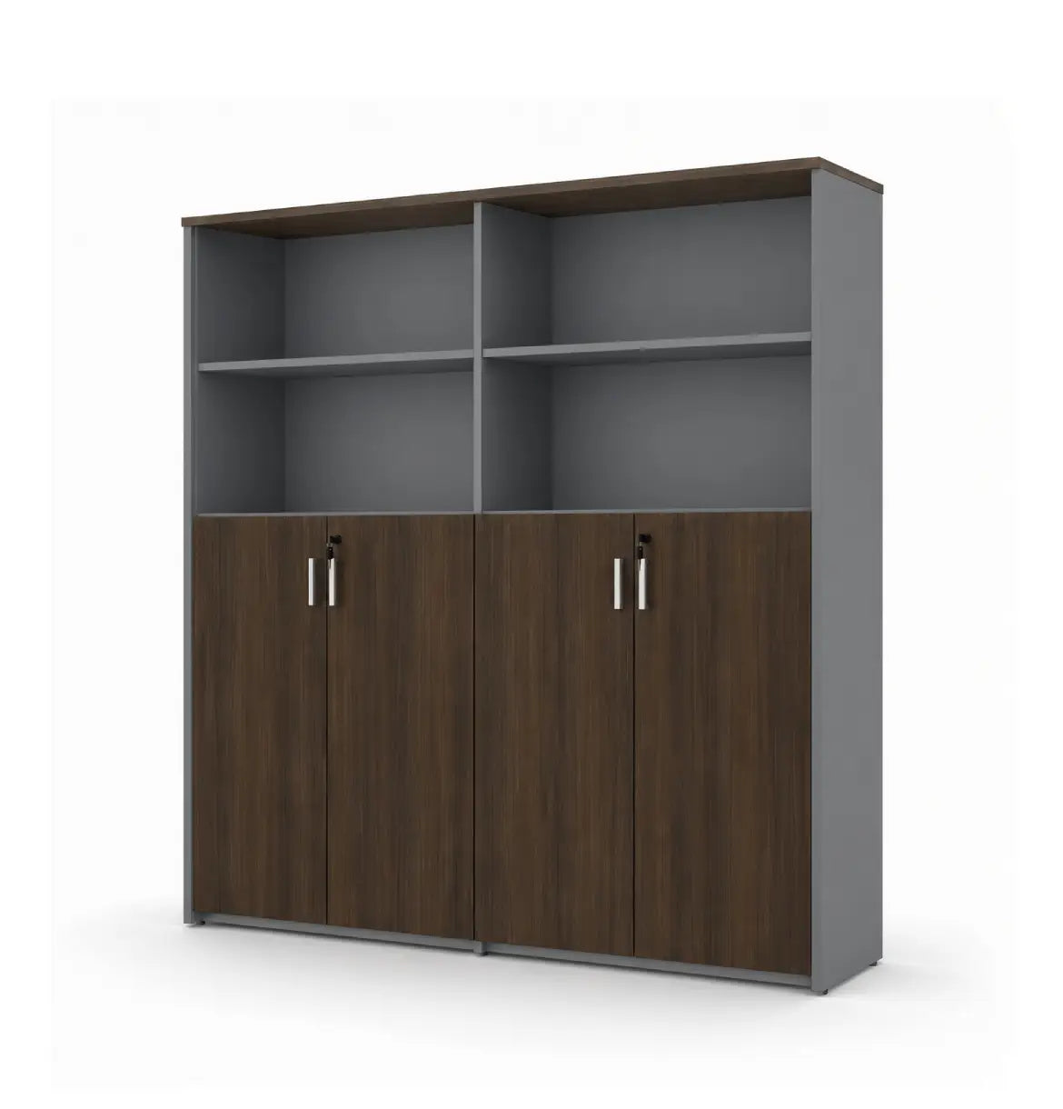 Universal Dark 5-Level Dual Cabinet Consumer KANO Hairline Walnut Upper Shelves are Open 8-10 Weeks