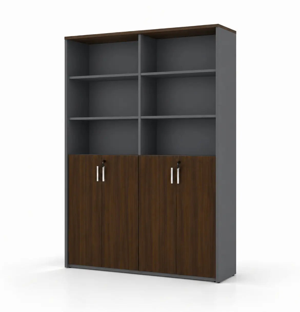 Universal Dark 6-Level Dual Cabinet Consumer KANO Hairline Walnut Upper Shelves are Open 8-10 Weeks