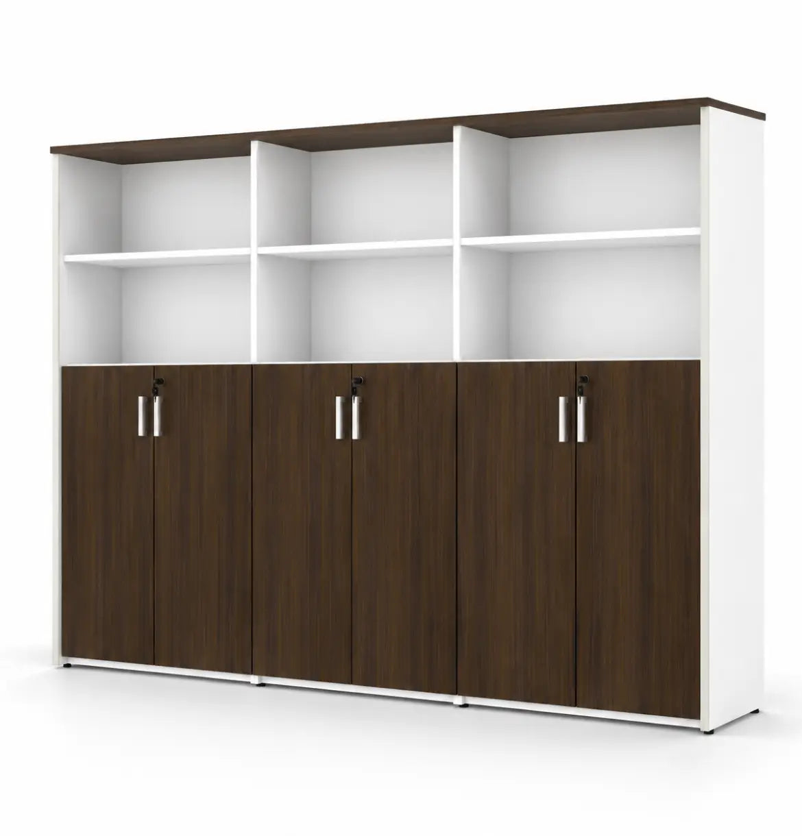 Universal Light 5-Level Triple Cabinet Consumer KANO Hairline Walnut Upper Shelves are Open 8-10 Weeks