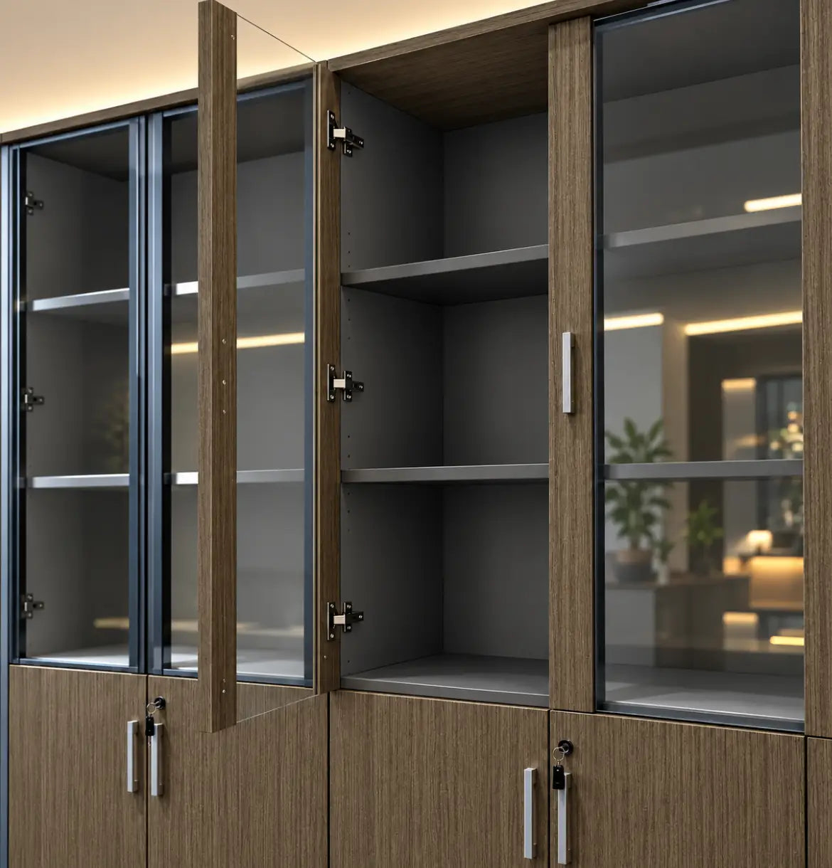 Universal 6-Level Dual Veneer Cabinet Consumer KANO CY19 Mocha Teakwood MFC Framed Glass Doors 8-10 Weeks