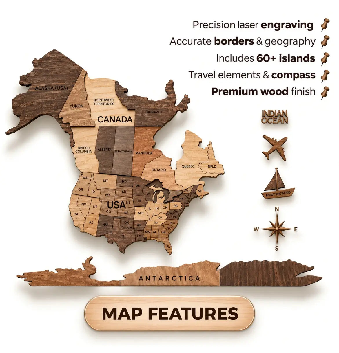 3D Wooden World Maps - Smoked (4 Sizes) Consumer BAFCO