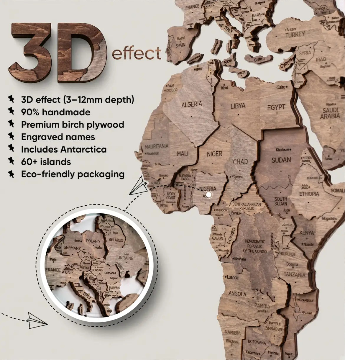 3D Wooden World Maps - Terra (4 Sizes) Consumer BAFCO