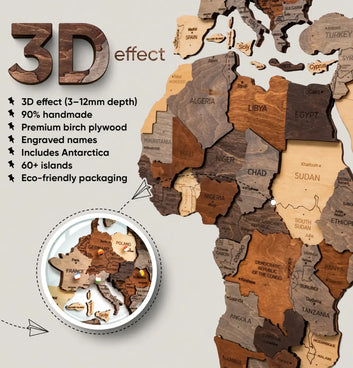 3D Wooden World Maps - Mixed (4 Sizes) Consumer BAFCO