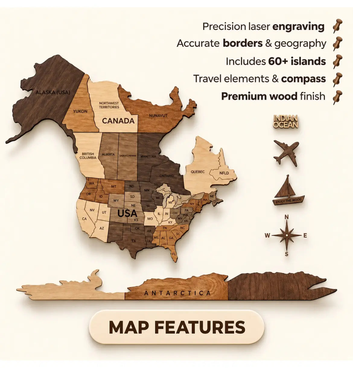 3D Wooden World Maps - Mixed (4 Sizes) Consumer BAFCO