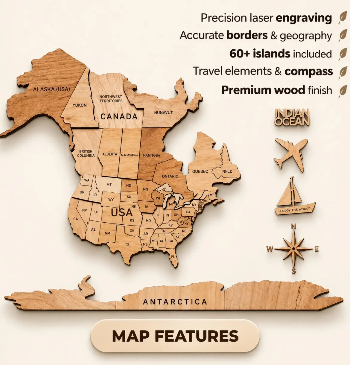 3D Wooden World Maps - Natural (4 Sizes) Consumer BAFCO