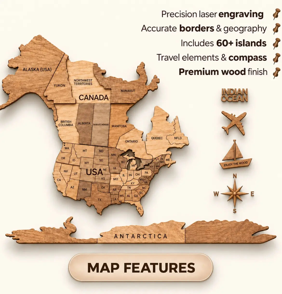 3D Wooden World Maps - Oak (4 Sizes) Consumer BAFCO