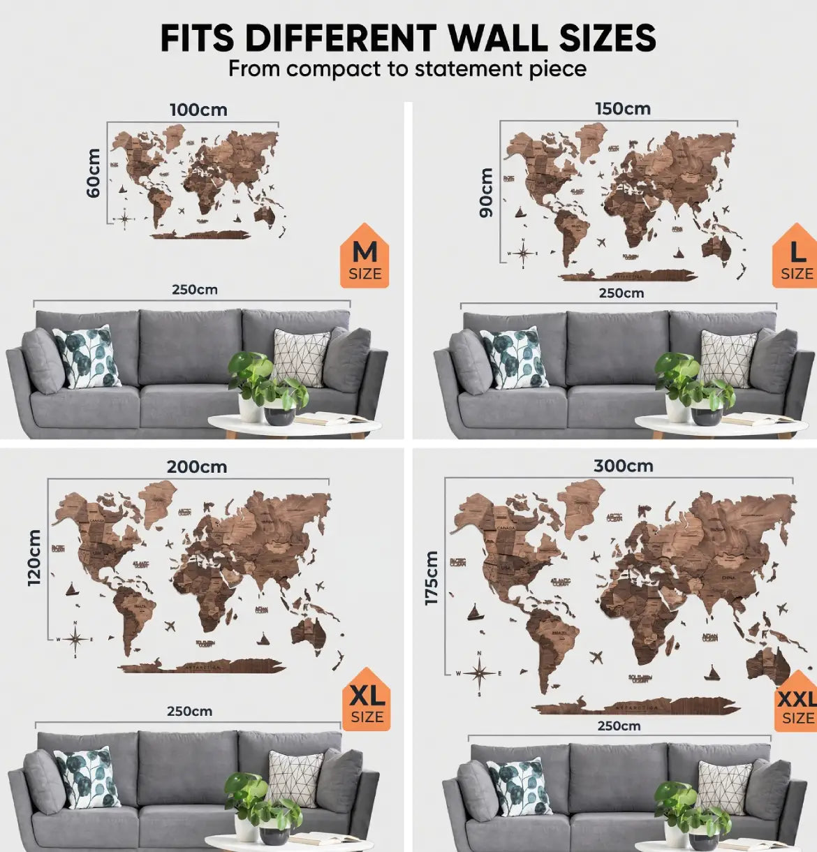 3D Wooden World Maps - Walnut (4 Sizes) Consumer BAFCO 1000 2-5 Working Days